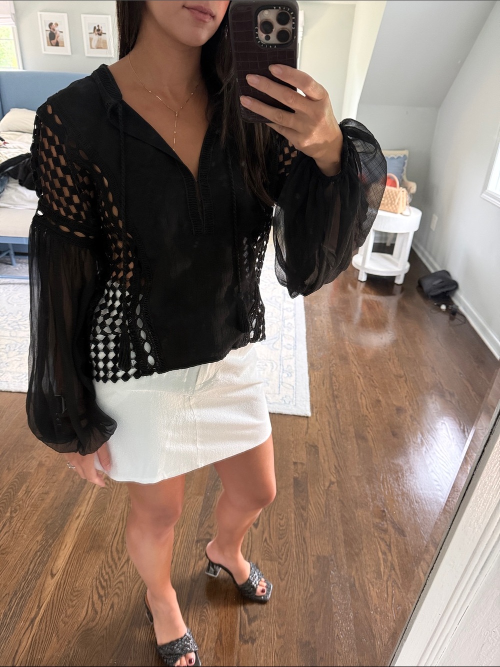 Endless Rose Black Sheer Lace-Inset Balloon Sleeve Blouse